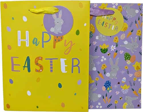 2 Luxury Easter Gift Bags - Medium: 23x18x10.2cm (Purple & Yellow)