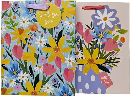 2 Luxury Easter Gift Bags - Medium: 23x18x10.2cm (Spring Flowers)